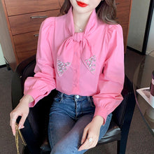 Rhinestone Fashion Office Chiffon Blouse Womens Blouses Vintage Casual Top Long Sleeve Blusas Loose Shirts