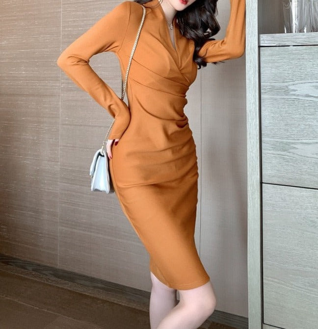 High Quality V Neck Long Sleeves Bodycon Knee Length Pencil Dress