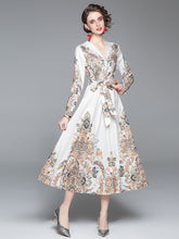 V Neck Long Lantern Sleeve Baroque Flower Print Elegant Lace Up Belted Maxi Dress