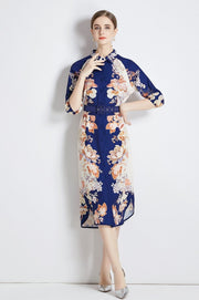 High Quality Belted Long Sleeve Flower Print Midi Dress