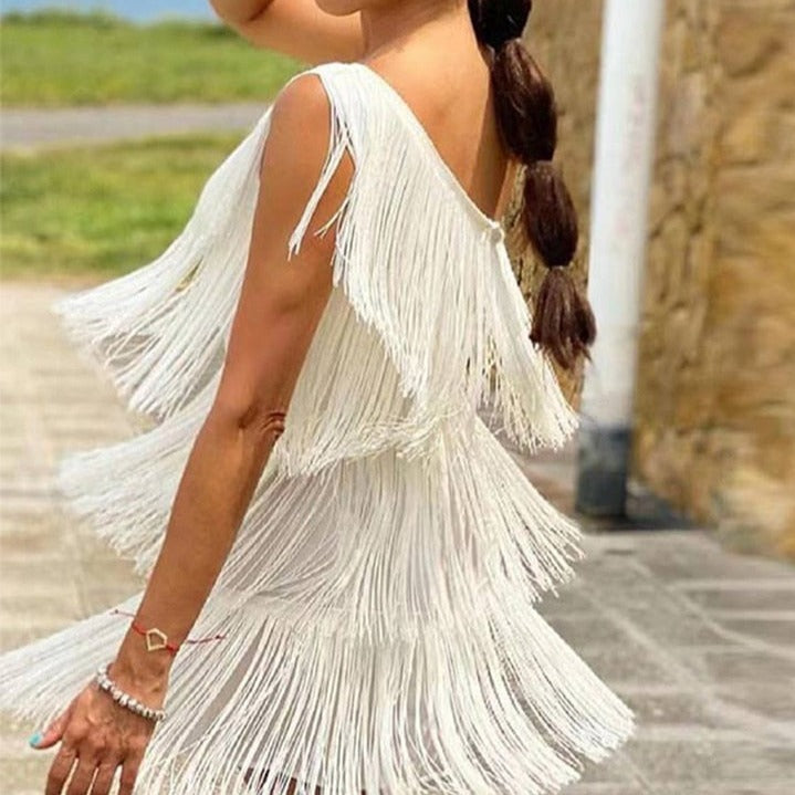 One Shoulder Fringe Sequin Dress