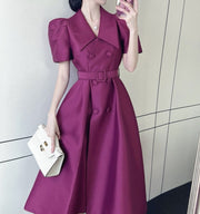 Elegant Double Breasted Midi Puff Sleeve Belted High Waist Plain Dress