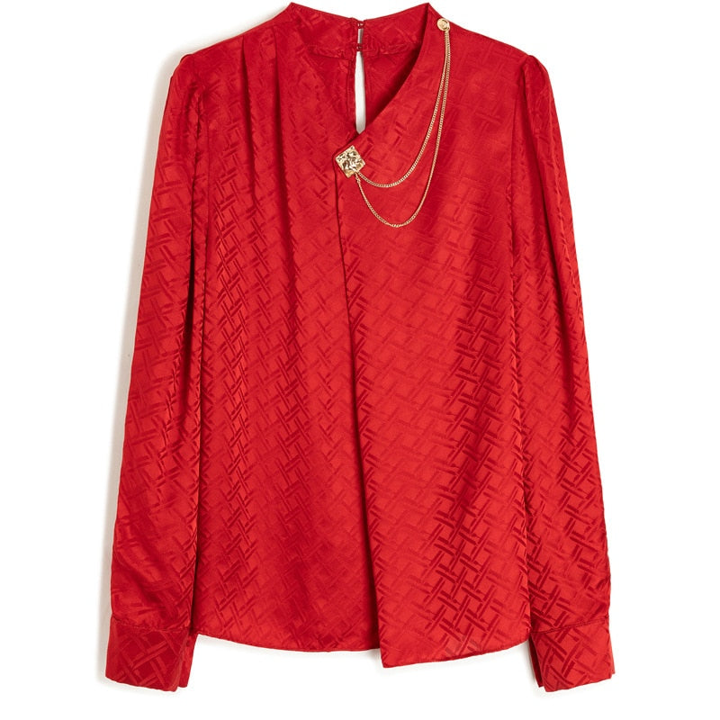 Red long-sleeved silk jacquard shirt with high-quality collar detail