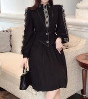 High Quality Pleated Long Sleeve Black Elegant Dress