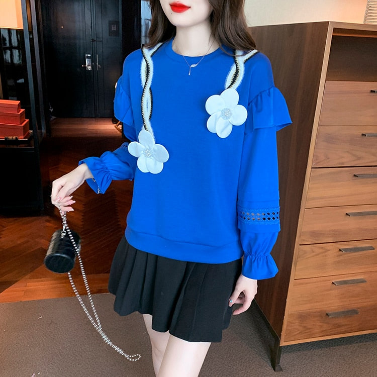 H Han Queen Autumn Women Hollow Stitching Flared Sleeve Sweatshirt Flowers Vintage Work Casual Tops Korean Design Loose T-Shirts