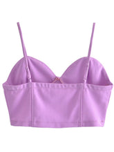 Short blouse with thin straps, open back, in purple, white and black