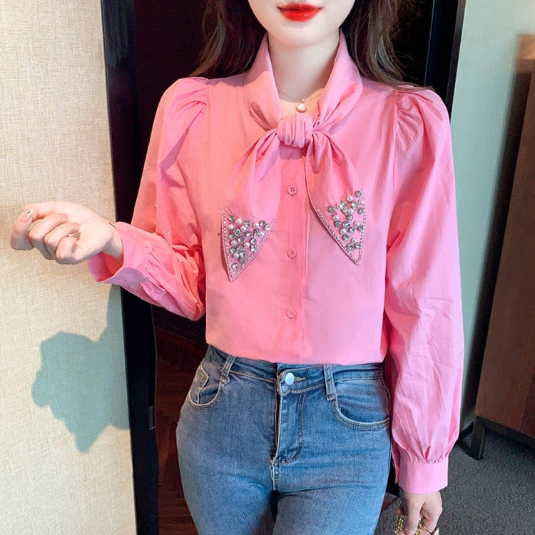 Rhinestone Fashion Office Chiffon Blouse Womens Blouses Vintage Casual Top Long Sleeve Blusas Loose Shirts