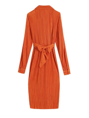 Long Sleeve Cross Bow Loose Pressed Pleated Midi Dress