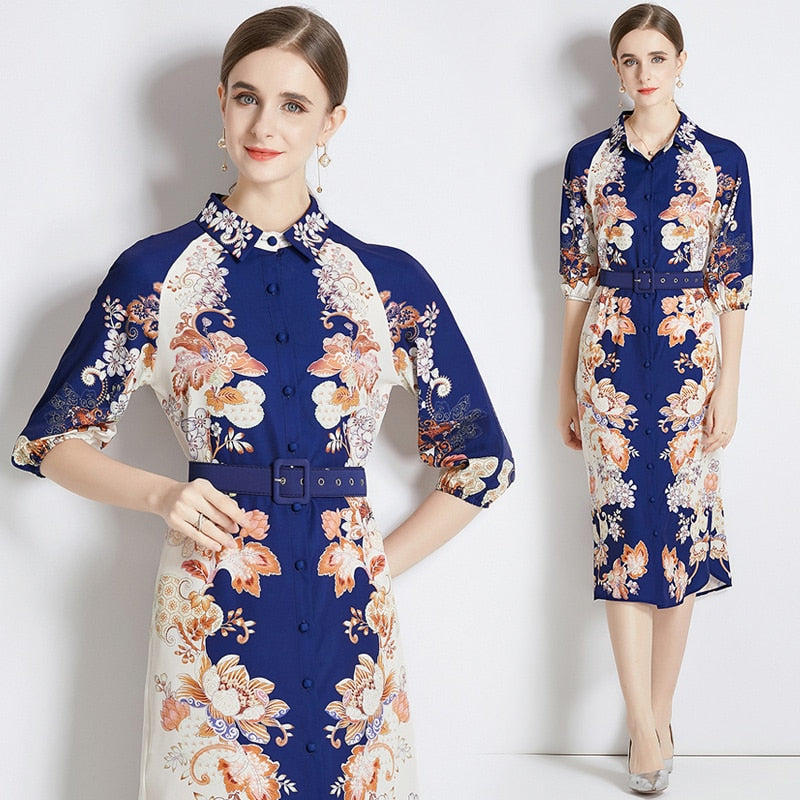 High Quality Belted Long Sleeve Flower Print Midi Dress