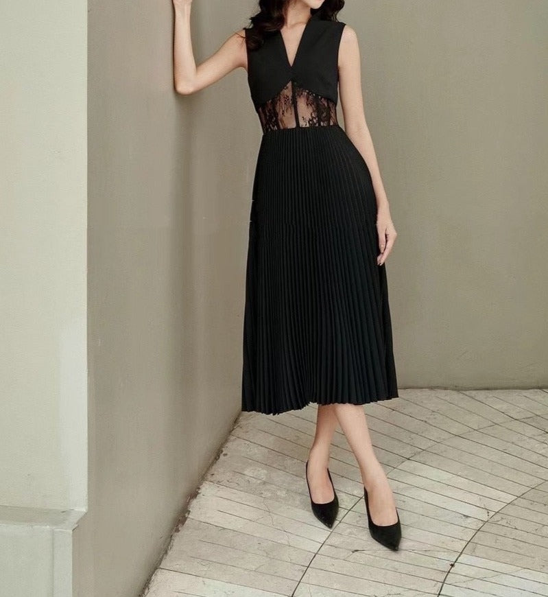 Pleated Lace Splicing Elegant Long Dress