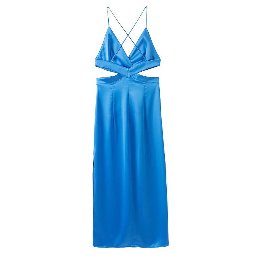 Satin V Neck Solid Hollow Out Backless Side Slit Dress BLUE / L Satin V Neck Solid Hollow Out Backless Side Slit Dress BLUE / L