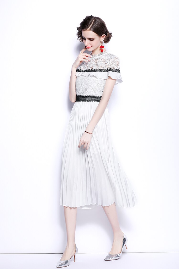 High Quality Vintage Designer Short Sleeve Floral Lace Sexy Pleated Dress