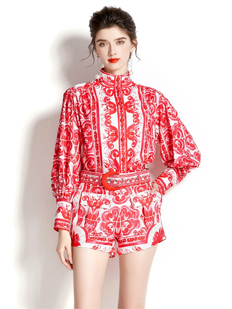 High Quality Print High Neck Lantern Long Sleeve Belted 2 Piece Set