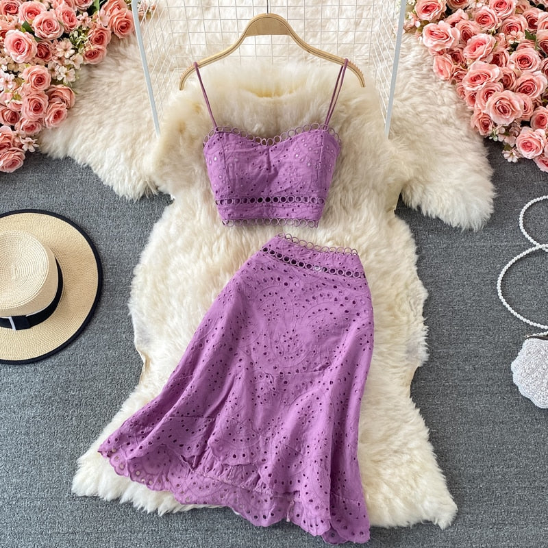 Embroidery Two Piece Set Sexy Backless Tube Top + High Waist Irregular Bodycon Skirt High Quality