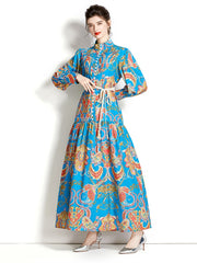 High Quality Loose Belt Floral Print Multicolor Long Sleeve Lantern Dress