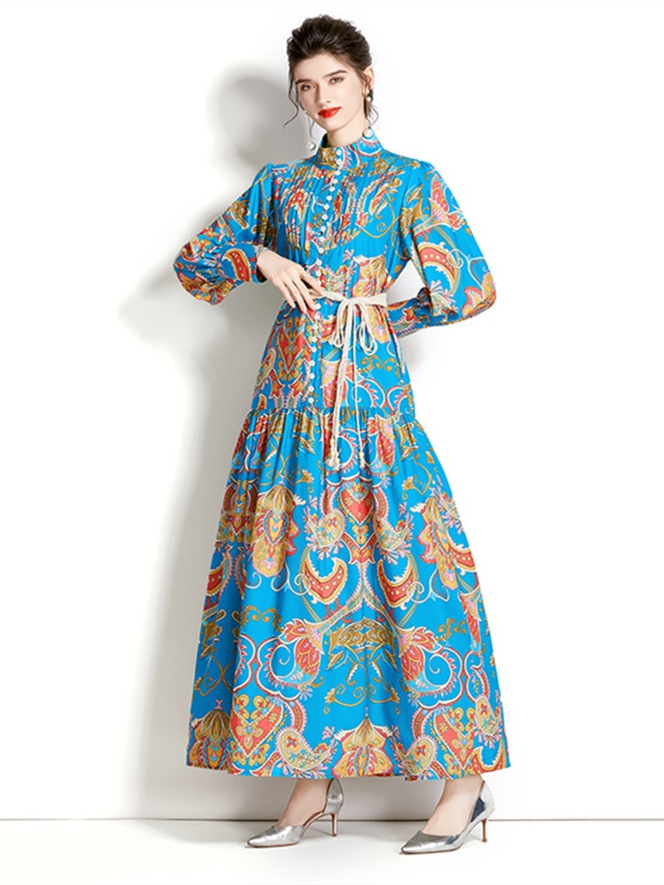 High Quality Loose Belt Floral Print Multicolor Long Sleeve Lantern Dress