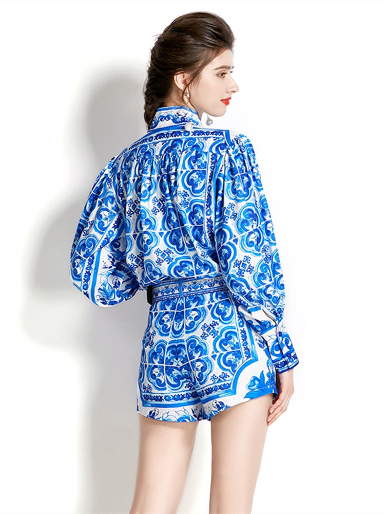 High Quality Print High Neck Lantern Long Sleeve Belted 2 Piece Set