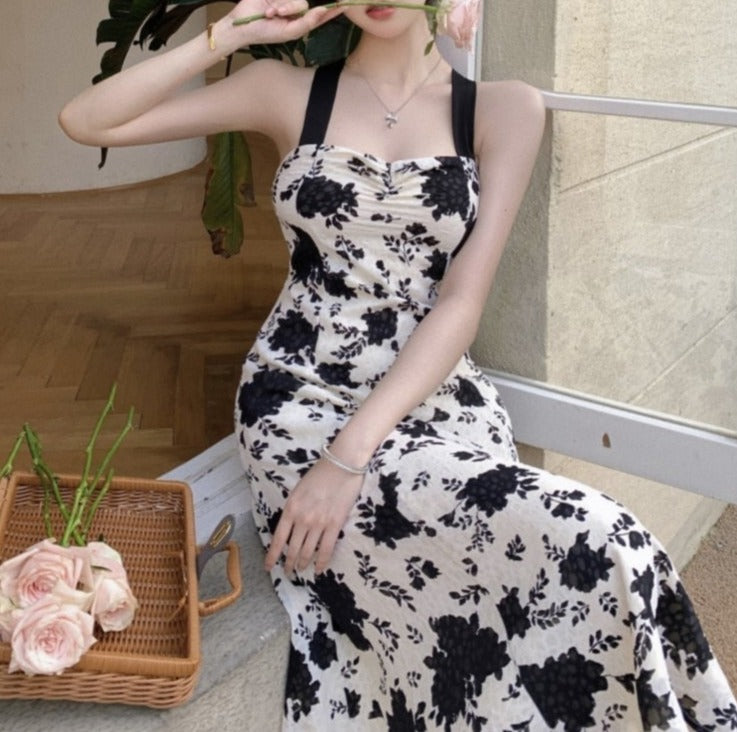 Vintage High Quality Strappy Elegant Print Midi Dress