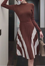 High Quality Striped Long Sleeves Pleated A Line Sweater Dress