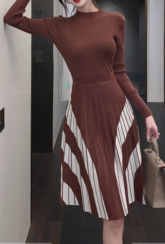 High Quality Striped Long Sleeves Pleated A Line Sweater Dress