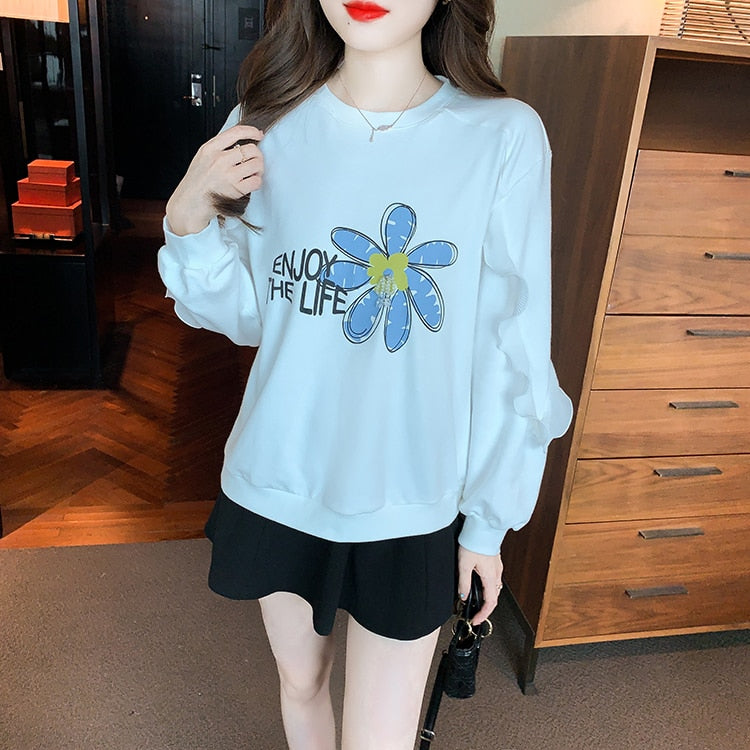 Printed O-Neck Sweatshirt Vintage Work Casual Tops Korean Design Long Sleeve Teet Loose T-Shirts