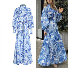 Floral Print Stand Collar Long Sleeve High Waist Slimming One Button High Quality Maxi Dress
