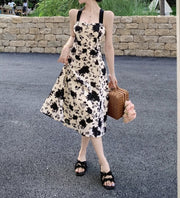 Vintage High Quality Strappy Elegant Print Midi Dress