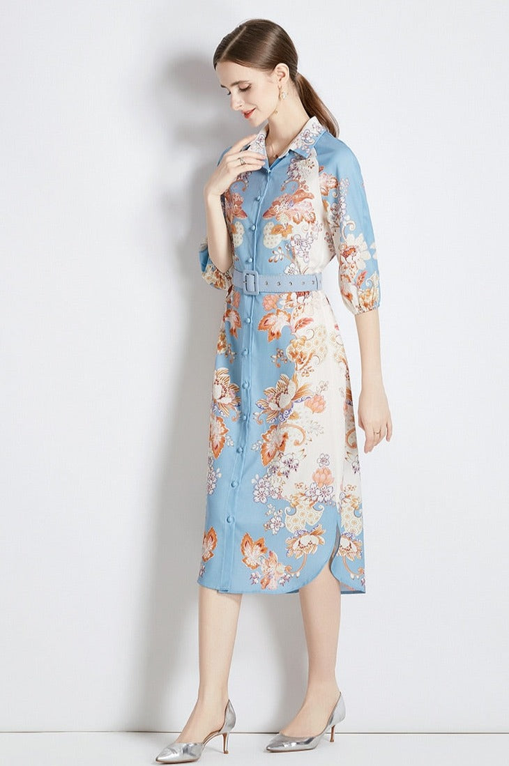 High Quality Belted Long Sleeve Flower Print Midi Dress