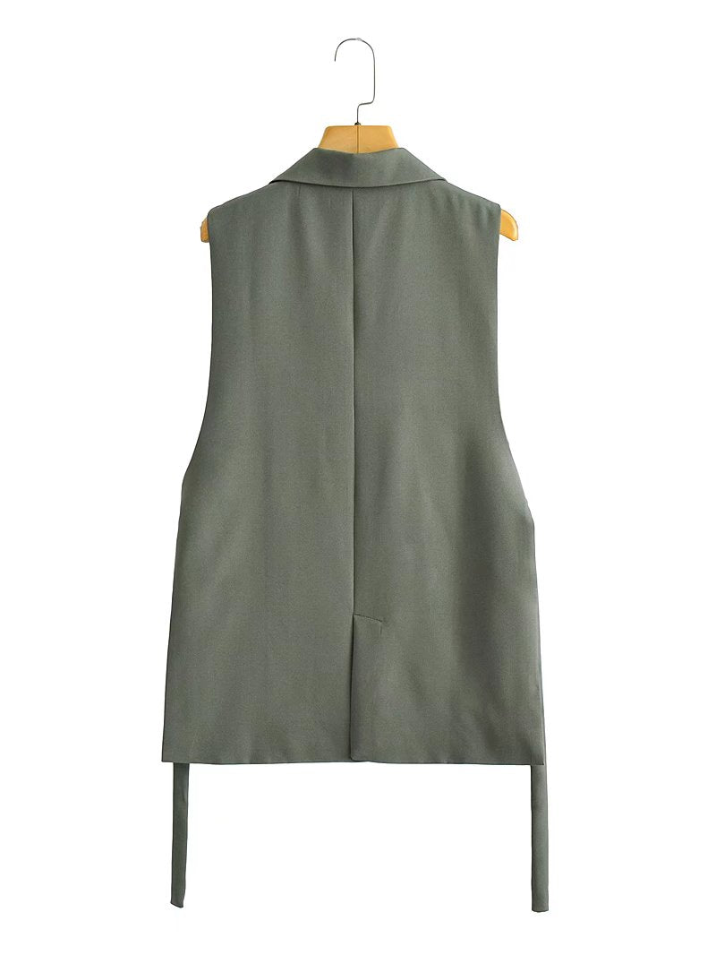 Sleeveless Solid Side Slit One Button Vest