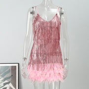 Off Shoulder Dresses V-Neck Feather Stitching Sequined Fringed