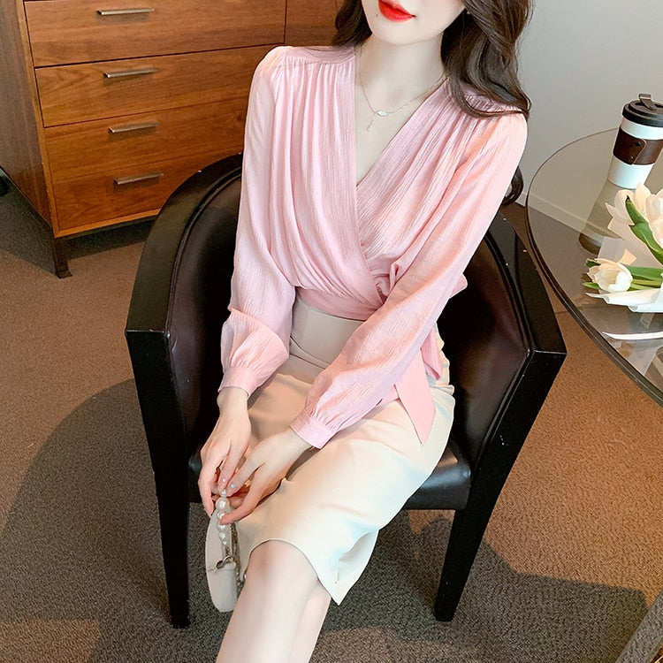 High Quality Long Sleeves V Neck Loose Elegant Vintage Pink Blouses – ETERNA