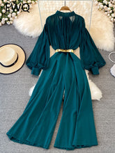 High Quality Wide Leg Lantern Sleeve Stand Collar Pleated Jumpsuit