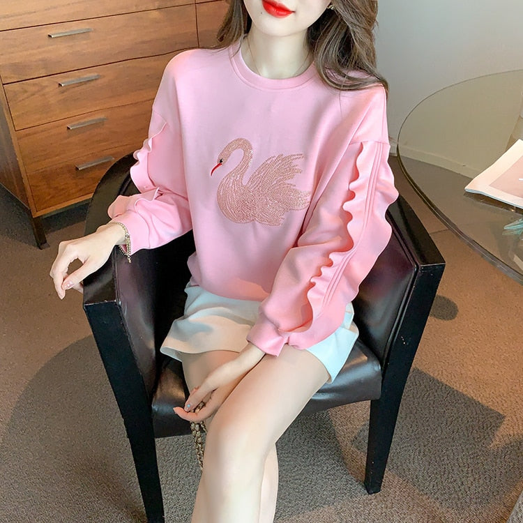 Tops Women Loose Embroidery Sweatshirt Vintage Work Casual Tops Korean Design Loose T-Shirts Female