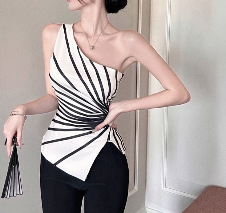 Line Drop Shoulder Design Sleeveless Slim Waist Blouse