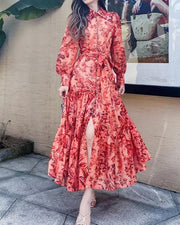 Maxi Dress Lantern Sleeve Button Down High Quality Print Ruffles