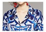 High Quality Blue Porcelain Print Long Sleeve Blouse + Pant 2 Piece Set