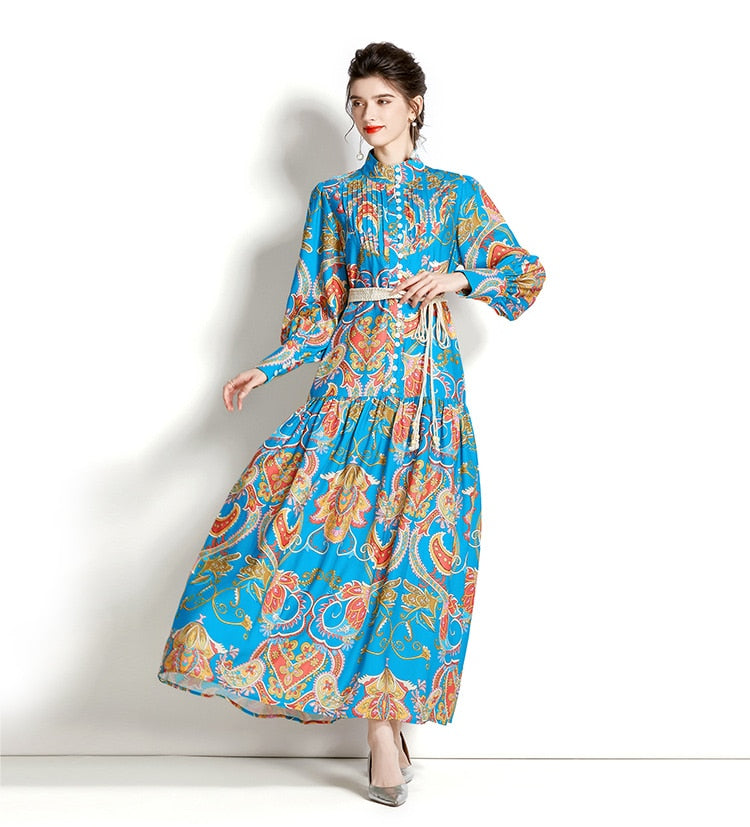 High Quality Loose Belt Floral Print Multicolor Long Sleeve Lantern Dress