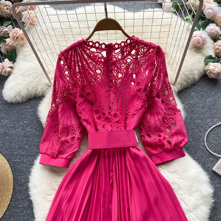 High quality vintage belted round neck half sleeve hollow out lace dress