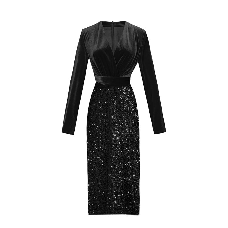 Elegant velvet long-sleeved dress with high-quality sequins