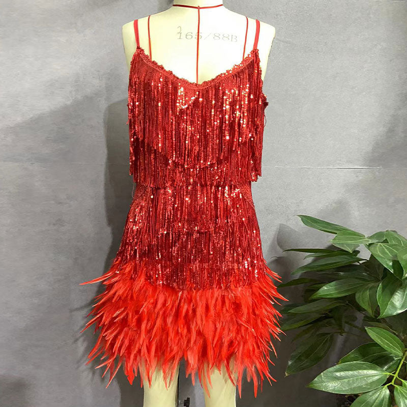 Off Shoulder Dresses V-Neck Feather Stitching Sequined Fringed