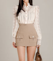 2 Piece Set Long Sleeve Lace Blouses + Pencil Skirt