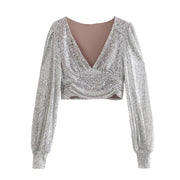 Sequin V-neckline crop top, elegant with pleats and puff sleeves