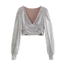 Sequin V-neckline crop top, elegant with pleats and puff sleeves
