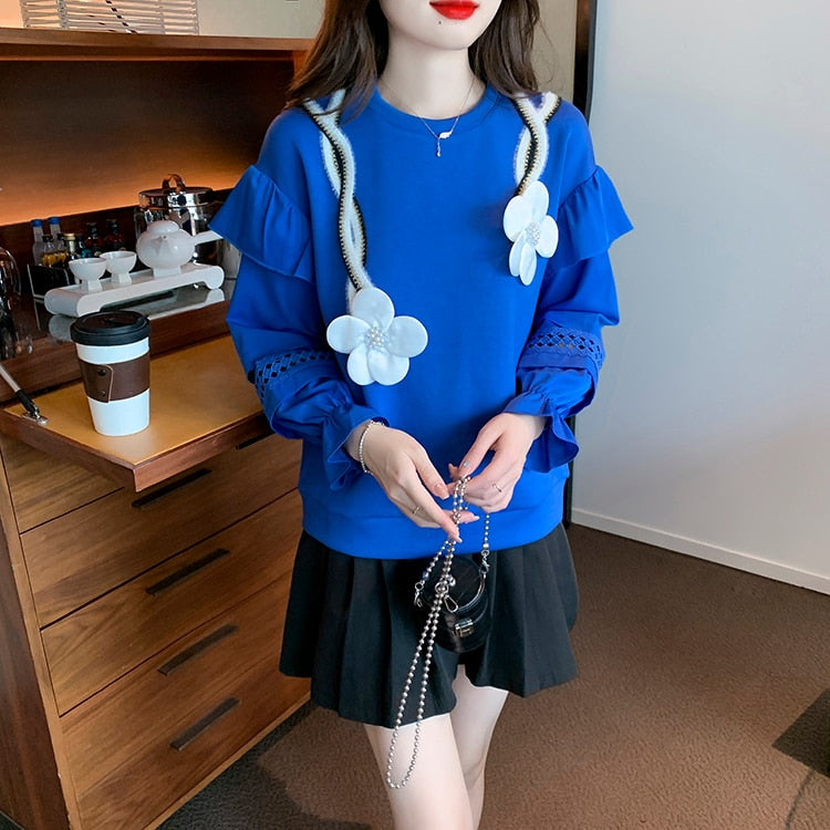 H Han Queen Autumn Women Hollow Stitching Flared Sleeve Sweatshirt Flowers Vintage Work Casual Tops Korean Design Loose T-Shirts