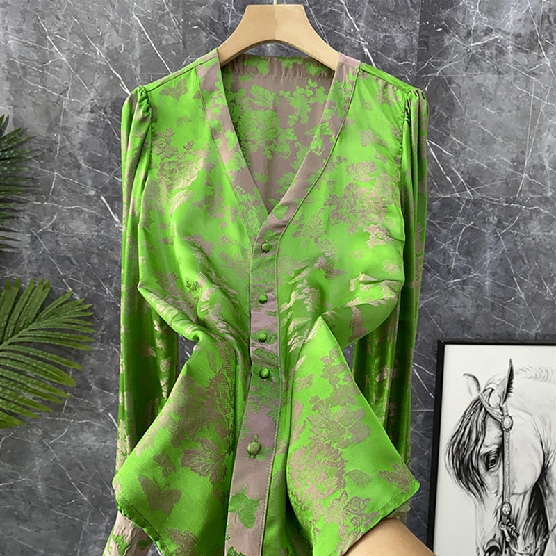 High Quality Long Sleeve V Neck Jacquard Silk Shirt