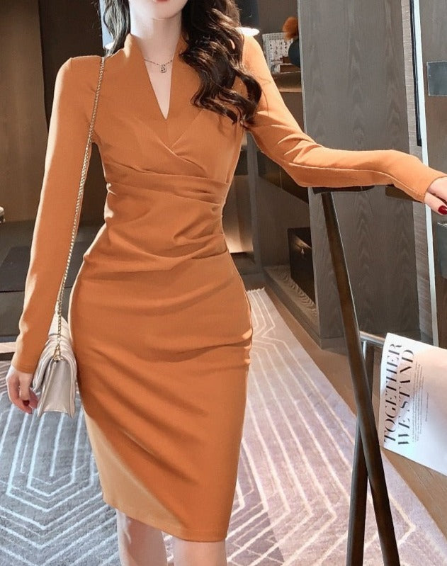 High Quality V Neck Long Sleeves Bodycon Knee Length Pencil Dress orange / M High Quality V Neck Long Sleeves Bodycon Knee Length Pencil Dress orange / M