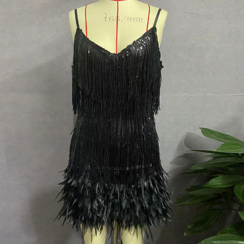 Off Shoulder Dresses V-Neck Feather Stitching Sequined Fringed