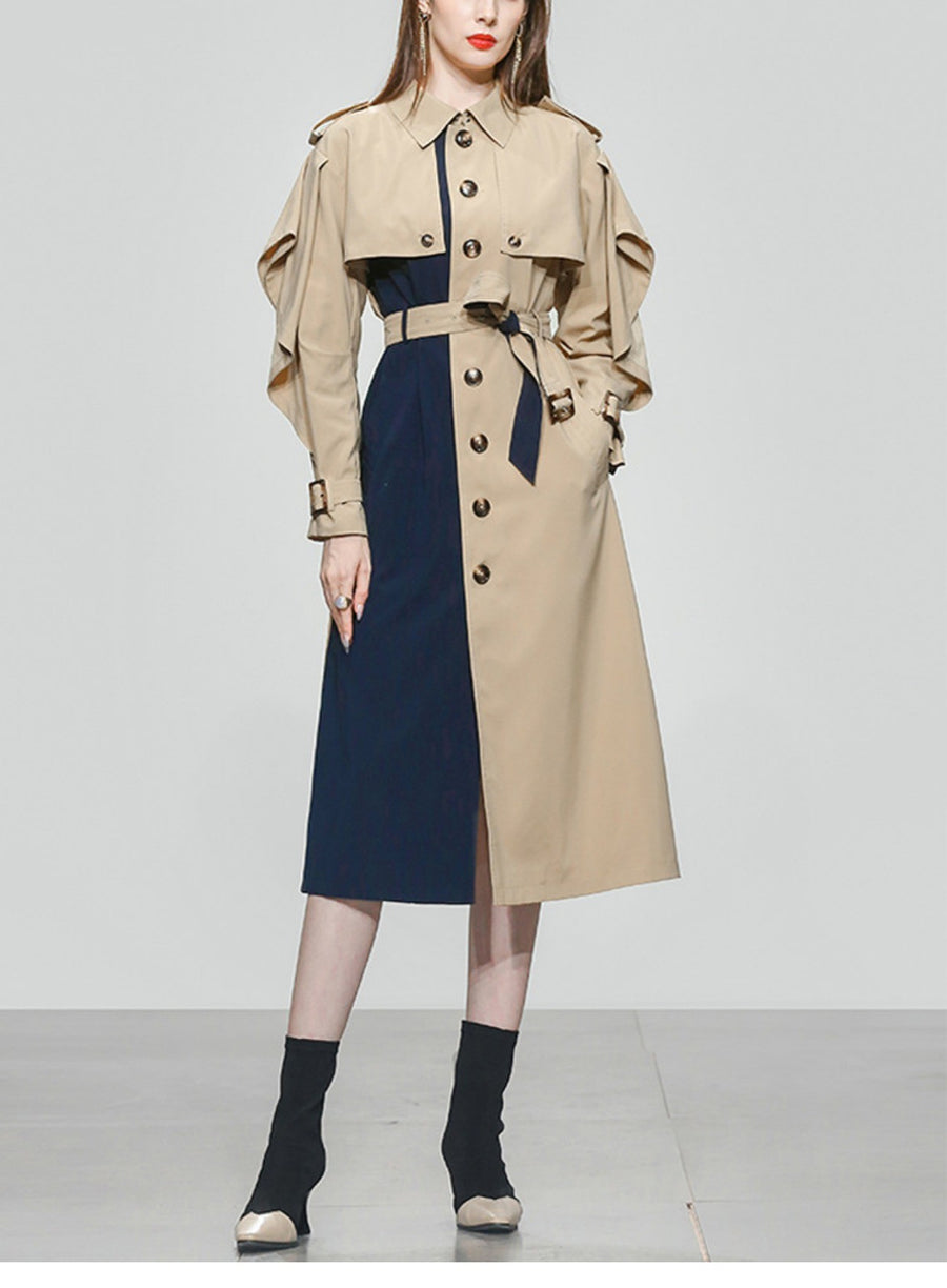 Trench Coat Contrast Dresses Korean Single-Breasted Retro Vestidos Fashion Party Casual Dress