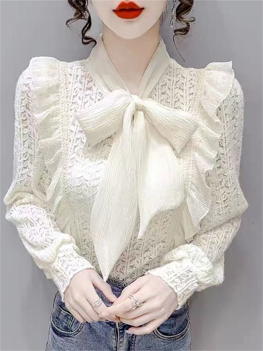 Women Spring Autumn Style Blouses Shirts Lady Casual Long Sleeve Bow Tie Collar Lace Blusas Tops DD9341