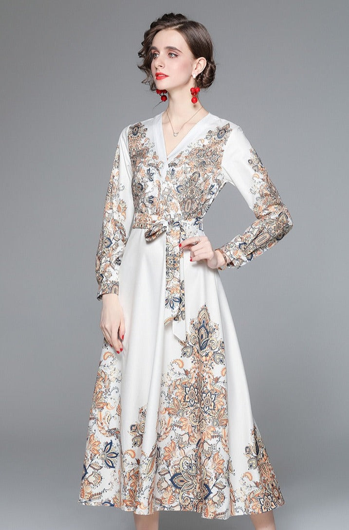 V Neck Long Lantern Sleeve Baroque Flower Print Elegant Lace Up Belted Maxi Dress